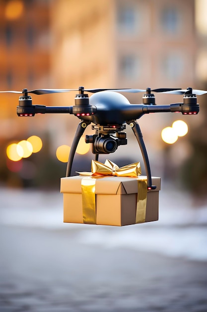 Dron dostawczy niesie zapakowany prezent świąteczny wygenerowany przez sztuczną inteligencję