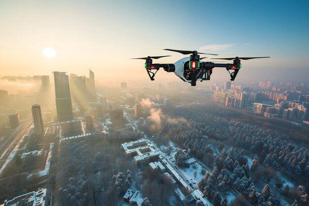 Dron latający nad miastem zimowym rankiem