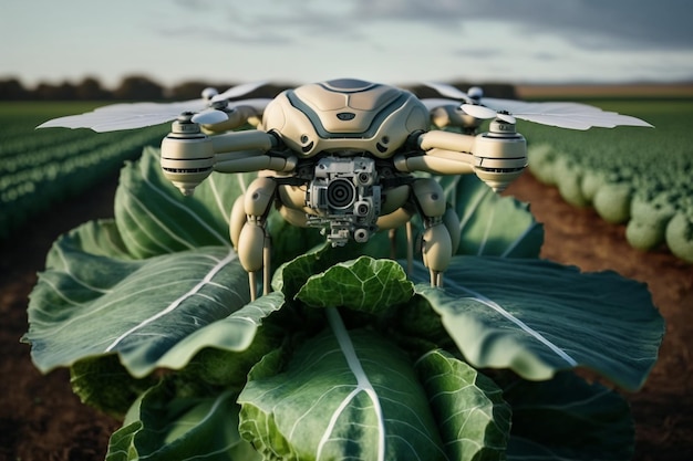 Zdjęcie dron leci na niebie nad polem kapusty technologia w branży rolniczej automatycznie kontroluje produkcję roślinną zielona technologia przyszłości generative ai