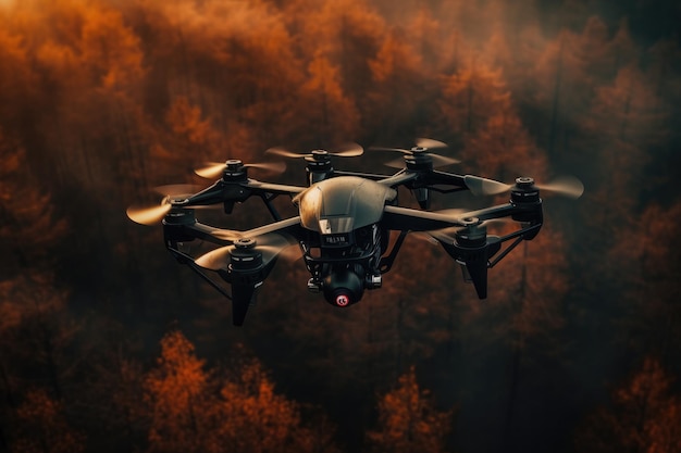 Dron leci nad jesiennym lasem z widokiem z góry z lotu ptaka Generative Ai
