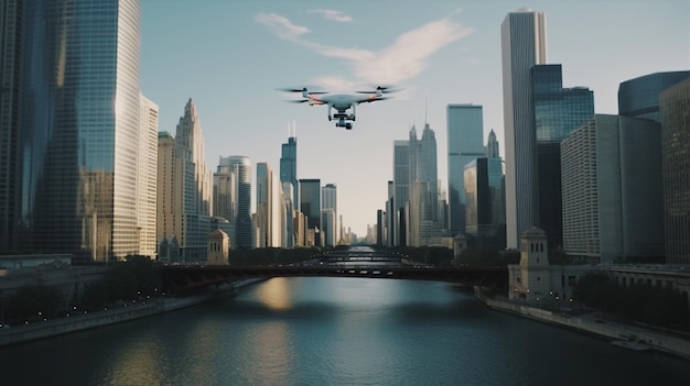 Dron leci nad miastem z miastem w tle.
