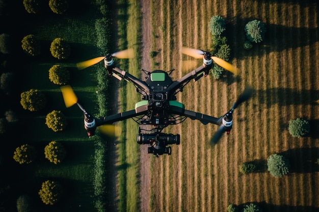 Zdjęcie dron leci nad polem z napisem „drony”.