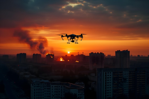 Dron nad płonącym miastem.