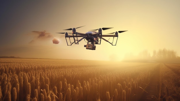Dron opryskujący nawozem zielone rośliny warzywneFuturystyczne technologie przyszłości Generative AI