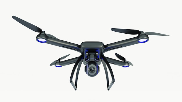 dron, quadrocopter, z aparatem fotograficznym latającym po błękitnym niebie. renderowanie 3d