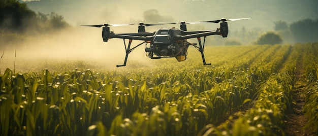 Dron rolniczy lata do rozpylania nawozu na polach kukurydzy cukrowej. Generatywna sztuczna inteligencja