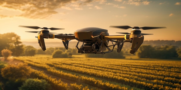 Dron rolniczy z wdziękiem zapyla pola uprawne, przyroda i technologia przeplatają się w celu zapewnienia obfitych zbiorów Sztuczna inteligencja Generacyjna sztuczna inteligencja