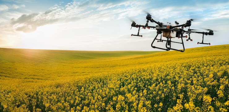 Zdjęcie dron rozpyla żółte pole rzepaku przed szkodnikami na pochmurnym niebie aplikacja zzr przez aplikację drones point w celu zwiększenia plonów