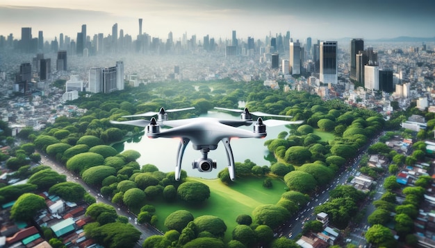 Zdjęcie dron unosi się nad bujnym zielonym parkiem z nowoczesną linią horyzontu miasta w tle podczas wschodu słońca