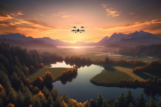 Dron unoszący się nad malowniczym krajobrazem o zachodzie słońca, stworzony za pomocą generatywnej sztucznej inteligencji