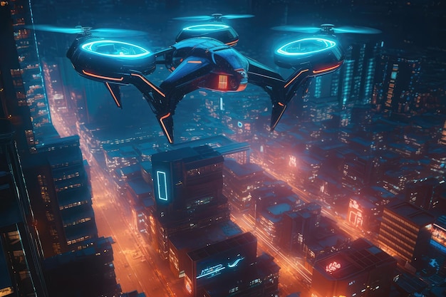 Drone lecący nad futurystycznym miastem z holograficznymi billboardami Generative AI