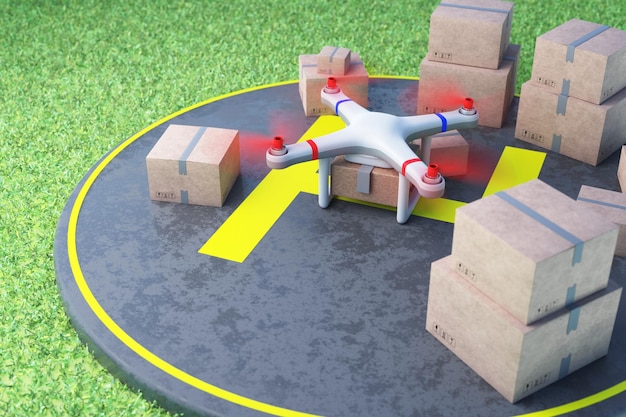 Drony Pakiet Cary nowoczesne usługi dostawy technologia logistyka dostaw za pomocą dronów Quadcopter Dostawa paczek za pomocą quadcoptera renderowania 3d