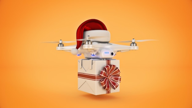 Drony z czapką Mikołaja dostarczające prezenty świąteczne renderowanie 3d