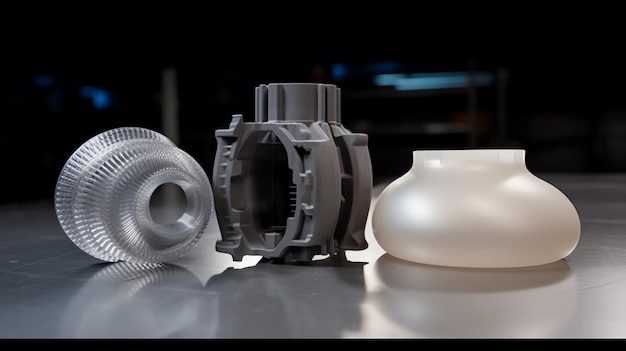 Drukarka 3D Generative AI FDM produkująca koła zębate czołowe ze srebrnoszarego włókna na niebieskiej taśmie drukarskiej