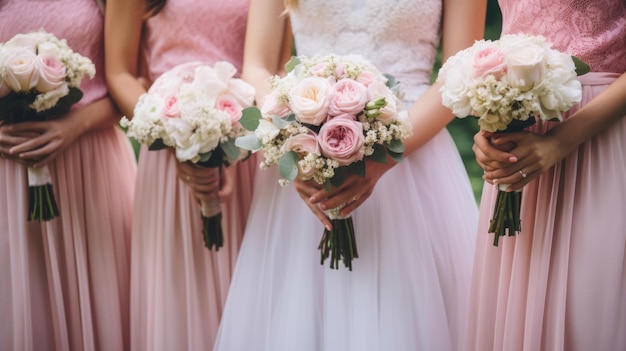 Drużyny w różowych sukniach i panna młoda trzymająca piękne bukiety Piękny luksusowy blog ślubny koncepcja letnie ślub
