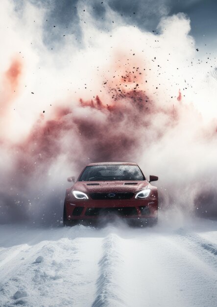 Dryfujący szybki samochód sportowy na zaśnieżonej mokrej drodze z pożarem w wyniku wypadku samochodowego Generative Ai