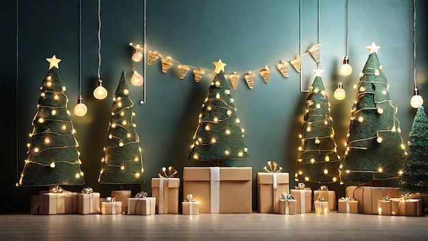 Drzewa bożonarodzeniowe i pudełko z prezentami ozdobione ścianą z światłem na strunę jak impreza generatywna sztuczna inteligencja