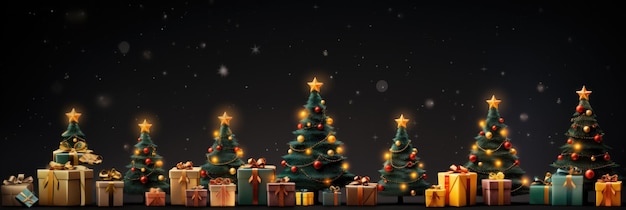 Drzewa bożonarodzeniowe z pudełkami podarunkowymi z łukami na czarnym tle ilustracja narysowana panorama w stylu kreskówki Prezenty na Boże Narodzenie lub Nowy Rok