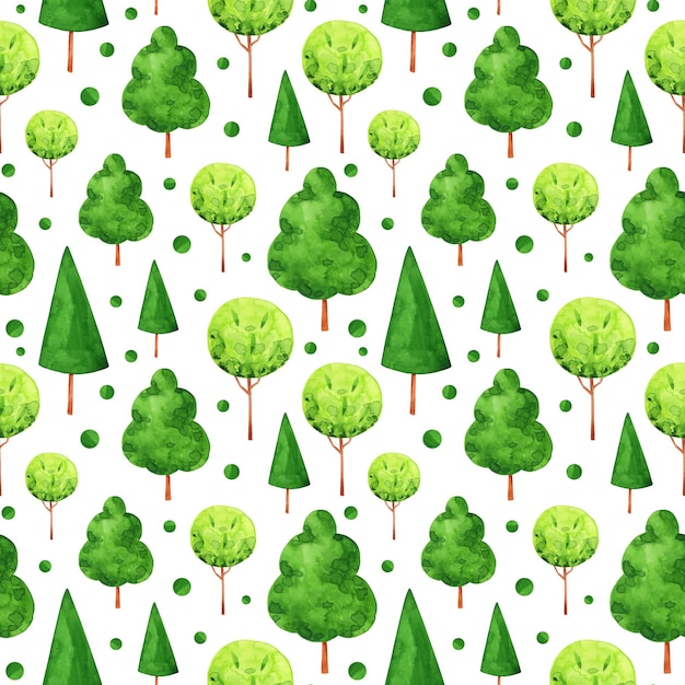 Zdjęcie drzewa, las, park wzór. powtarzalny druk akwarela woodland. kreskówka drzewa tło dla dzieci, tapety, tekstylia, papier pakowy, ozdoba.