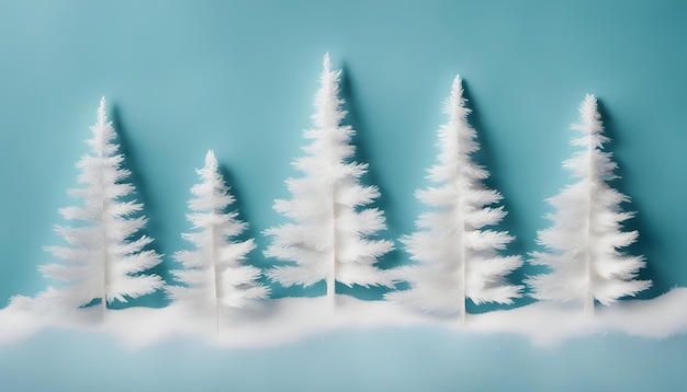 Drzewa nowego roku na śniegu na tle niebieskiego papieru Kartka świąteczna z pozdrowieniami