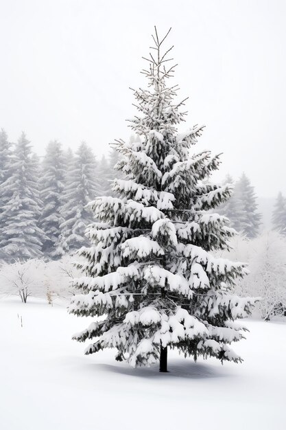 Zdjęcie drzewa sosnowe lub ozdobiona choinka pokryta śniegiem na piękny zimowy temat świąteczny na świeżym powietrzu