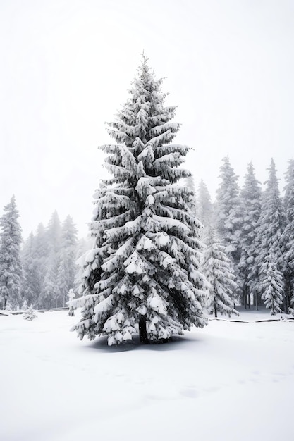 Zdjęcie drzewa sosnowe lub ozdobiona choinka pokryta śniegiem na piękny zimowy temat świąteczny na świeżym powietrzu