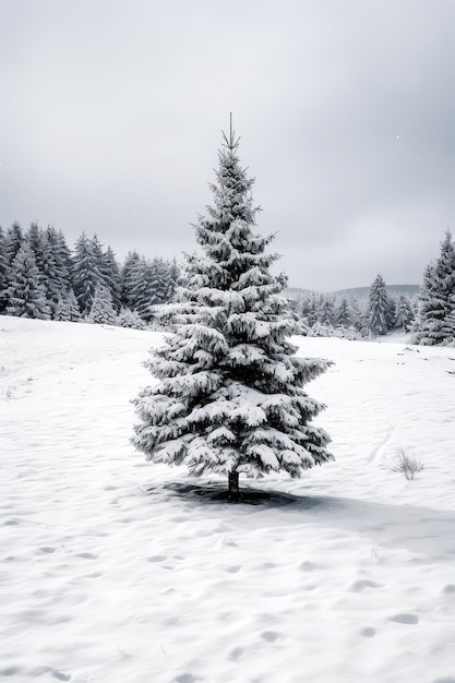 Drzewa sosnowe lub ozdobiona choinka pokryta śniegiem na piękny zimowy temat świąteczny na świeżym powietrzu