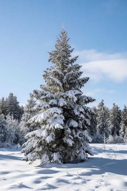 Drzewa sosnowe lub ozdobiona choinka pokryta śniegiem na piękny zimowy temat świąteczny na świeżym powietrzu