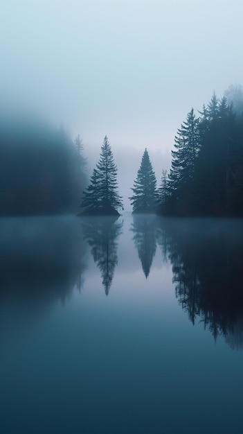 drzewa tapetowe w pobliżu jeziora mgła zmierzch pionowe zdjęcie