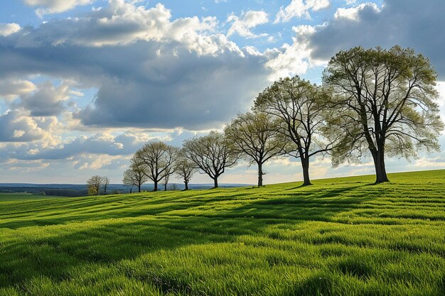 Zdjęcie drzewa wiosenne w pobliżu drogi na tle gór wiosenne krajobraz wiejski
