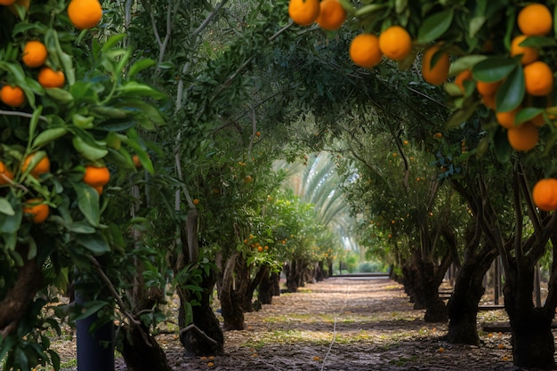 Drzewa z pomarańczami lub mandarynkami uprawiającymi świeże owoce wygenerowane przez sztuczną inteligencję
