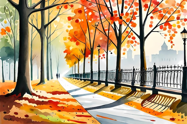 Drzewa z żółtymi liśćmi w parku miejskim jesienią generatywny styl malarstwa akwarelowego AI