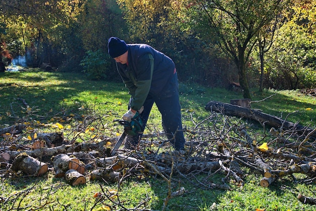 Zdjęcie drzewarz cięcie gałęzi z piłą łańcuchową