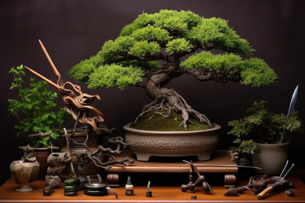 Drzewka Bonsai i narzędzia ogrodnicze podkreślające skrupulatną pielęgnację, stworzone za pomocą generatywnej sztucznej inteligencji