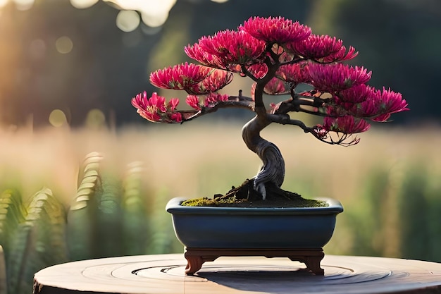Drzewko bonsai w doniczce z doniczką z kwiatami.