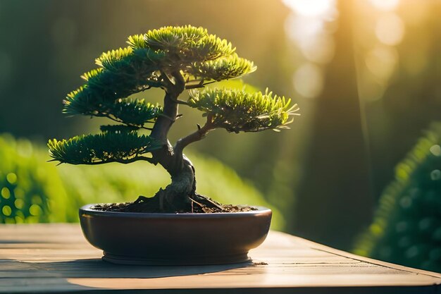 Drzewko bonsai w misce ze słońcem za nim