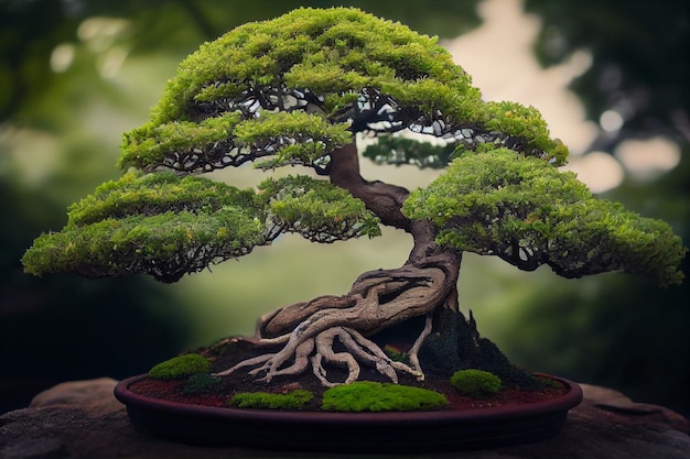 Drzewko bonsai z odsłoniętymi korzeniami.