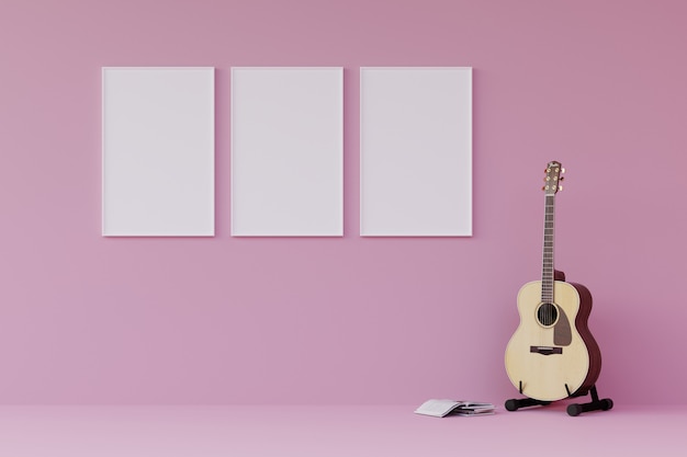 Drzewna biała ramka na ścianę z gitarą i książką w nowoczesnym różowym salonie. Renderowania 3d.