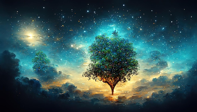 drzewo 3D silhouetted drzewo przed krajobrazem oświetlonym księżycem Generative Ai