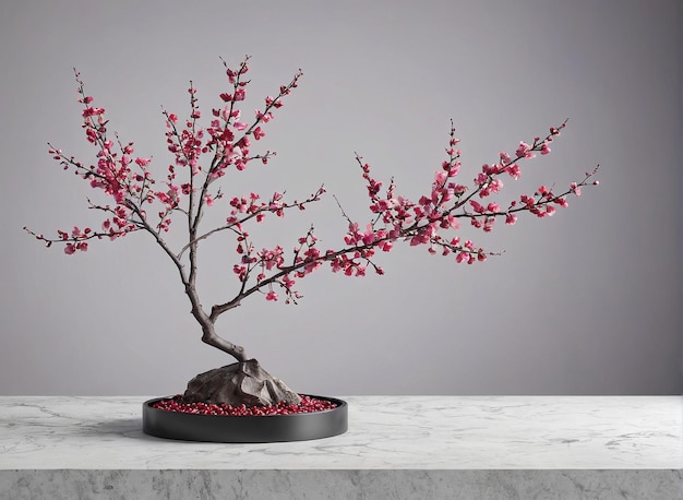 drzewo bon z różowymi kwiatami na marmurowym stole