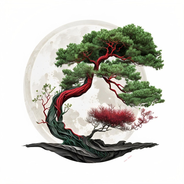Drzewo Bonsai na skalistym terenie z księżycem w pełni w tle