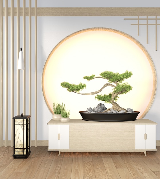 Drzewo Bonsai Na Szafce Drewnianej Na ścianie Pokoju W Stylu Zen I Drewnianym Designie, Ton Ziemi. Renderowania 3d