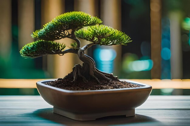 Drzewo bonsai w garnku na stole.