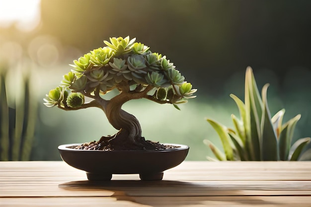 drzewo bonsai w misce z doniczką sukulentów.