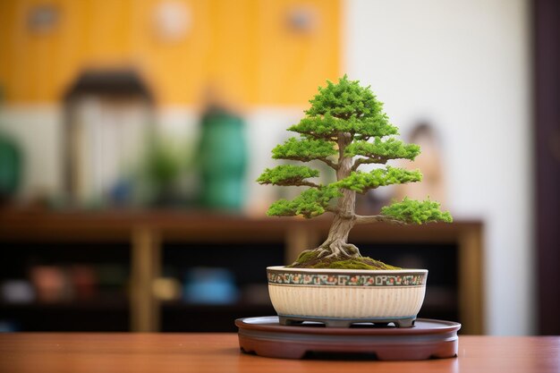 Drzewo bonsai w okrągłym zielonym ceramicznym garnku