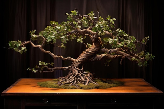 Drzewo bonsai z świeżo wyciętymi gałęziami na stole stworzonym za pomocą generatywnego ai