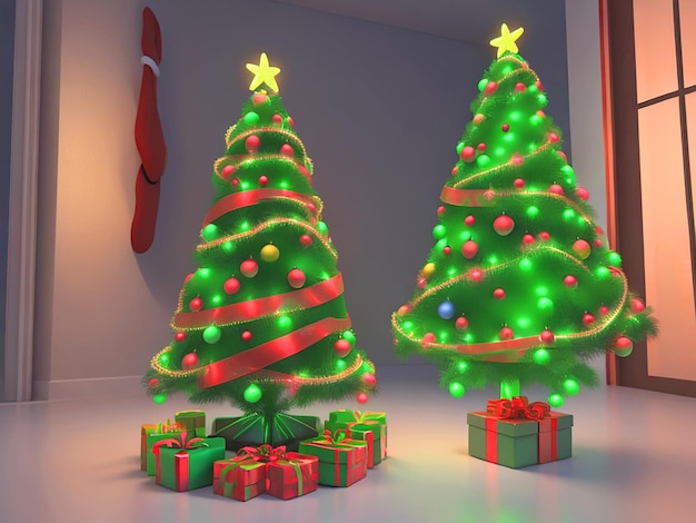 Drzewo bożonarodzeniowe 3D z kolorowymi ozdobami i pudełkami z prezentami