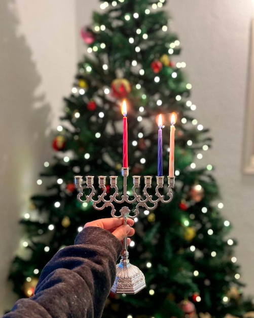 Drzewo bożonarodzeniowe i menora żydowska Chanuka