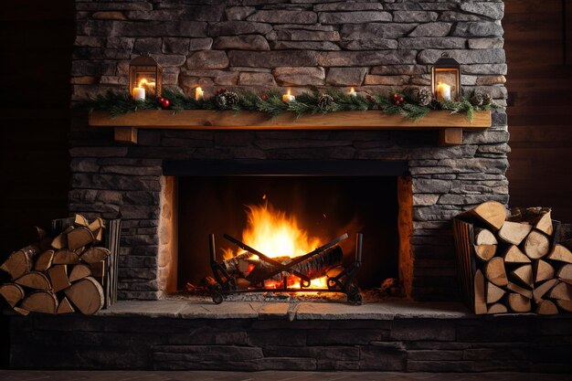 Zdjęcie drzewo bożonarodzeniowe i płonący kominek ogień i świąteczna dekoracja światła bokrh