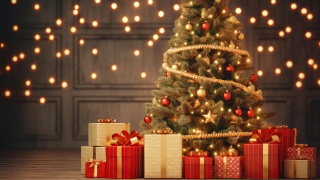 Drzewo bożonarodzeniowe i prezenty na drewnianej podłodze z tłem bokeh
